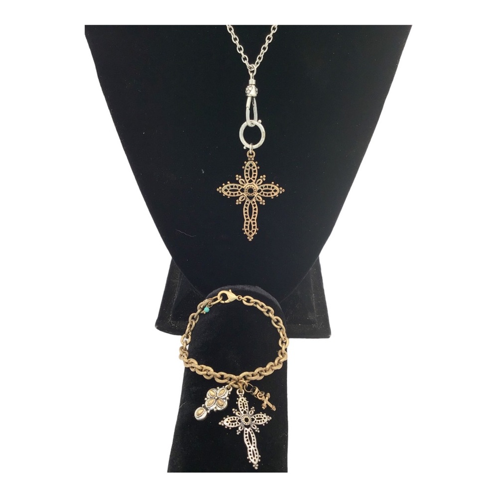 Demi Parure Mixed Metal Holy Cross Necklace & Matching Charm Bracelet